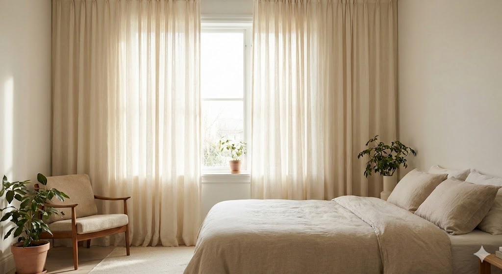 Full-length curtains in a peaceful bedroom