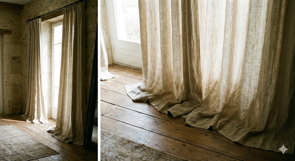 Full-length curtains puddling slightly on the floor
