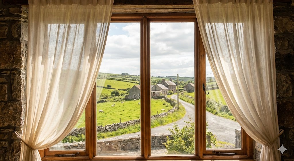Soft curtains framing a bright British countryside window