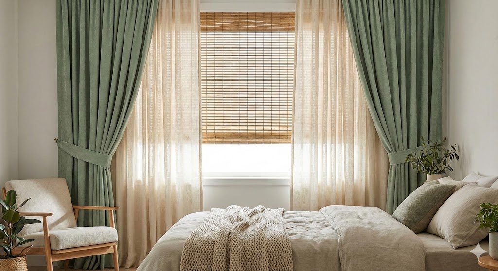 Layered curtains and blind in a restful bedroom
