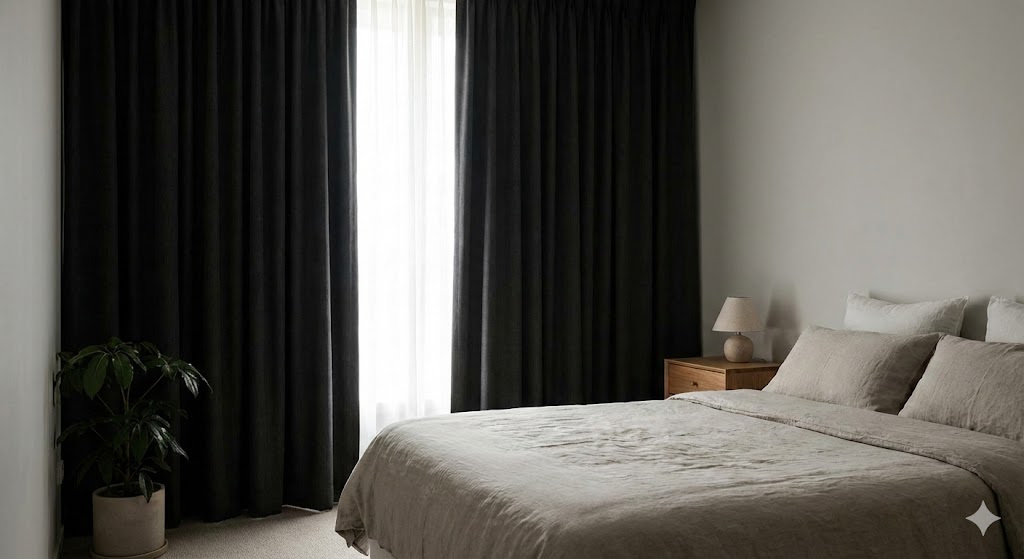 Blackout curtains in a calm bedroom