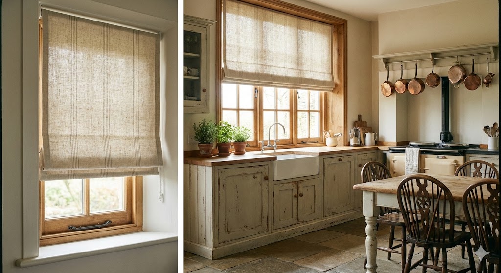 Soft roller blind in a country kitchen