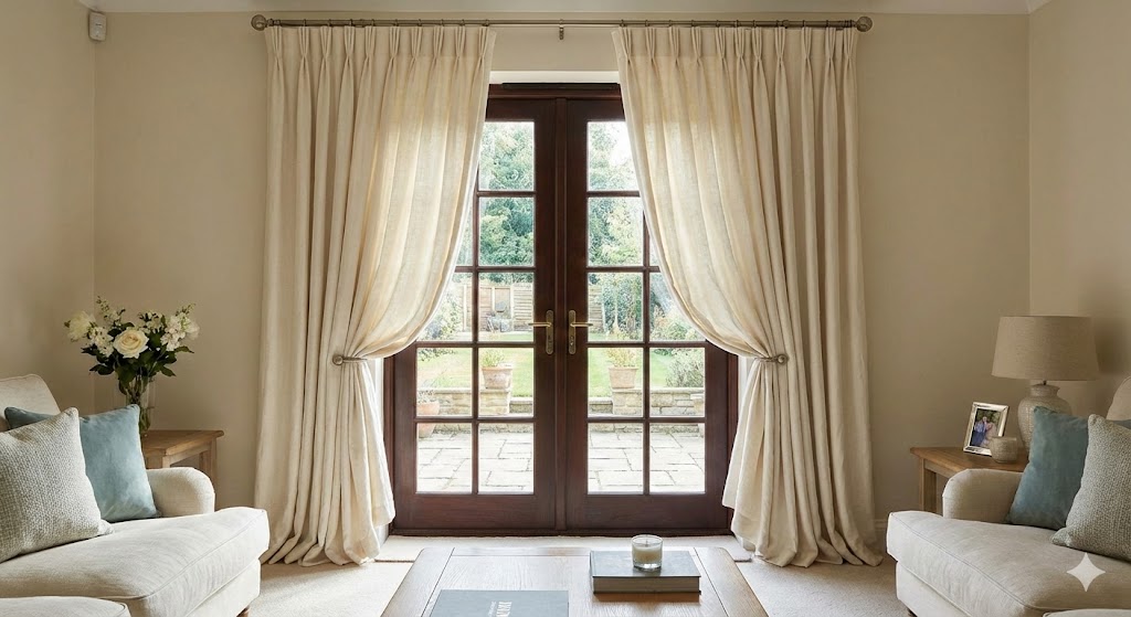 Floor-length curtains framing French doors
