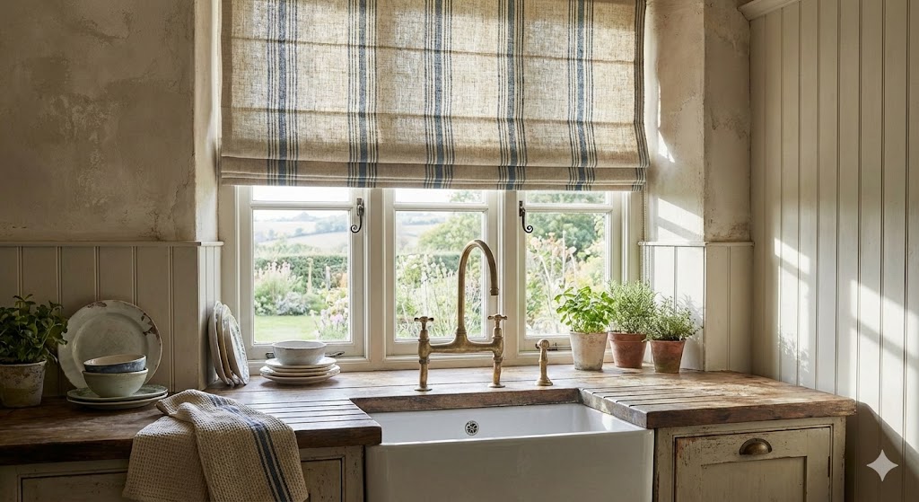 Roman blind over a farmhouse kitchen sink
