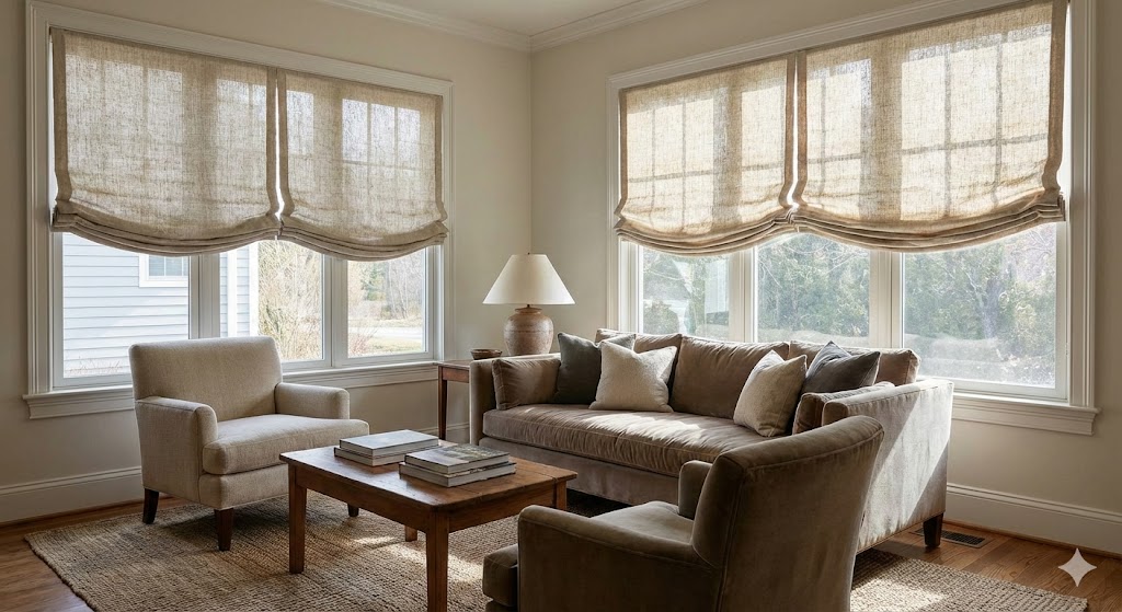 Roman blinds with soft folds in a sitting room