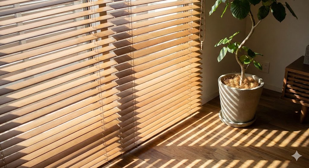 Venetian blind slats controlling light